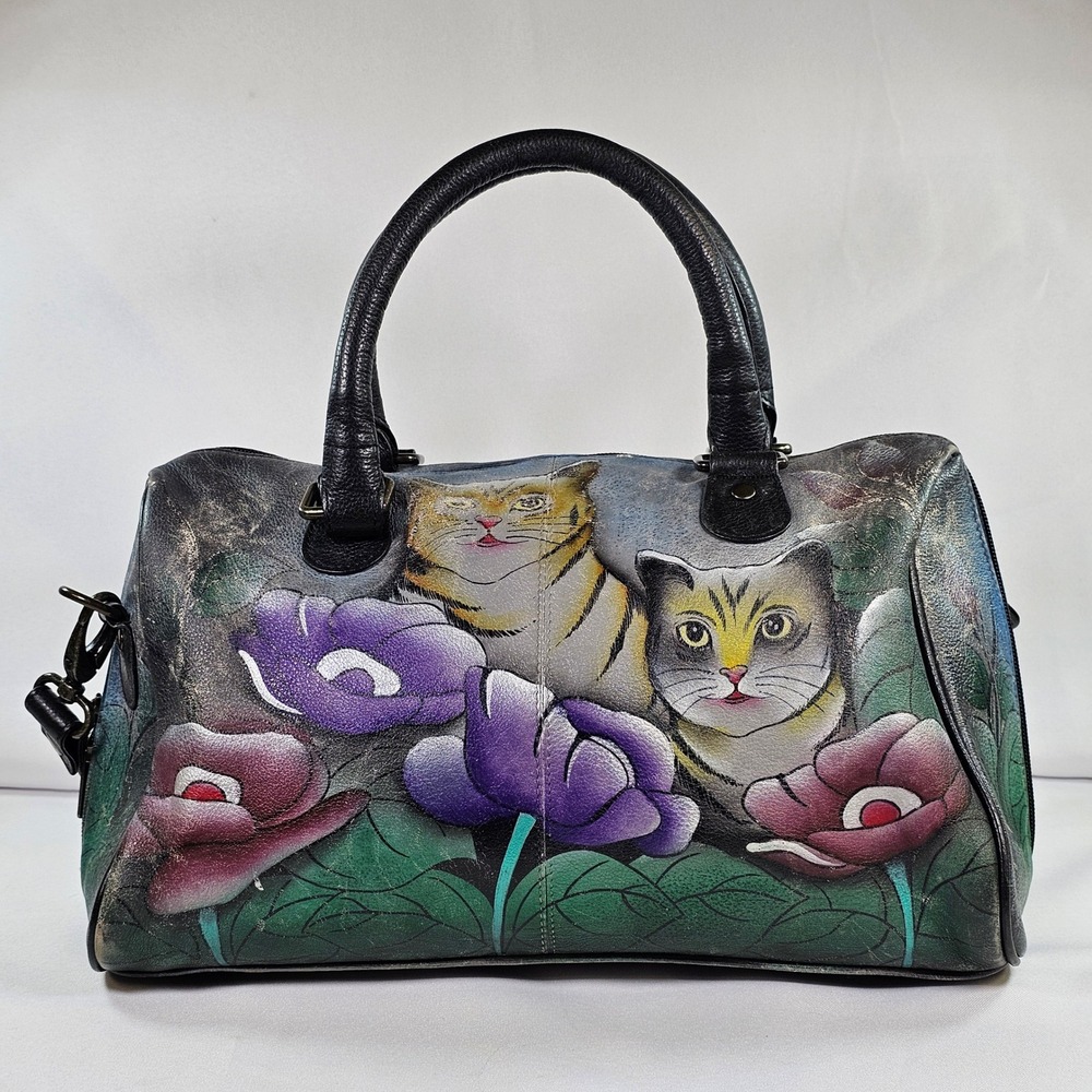 Anuschka Hand Painted Leather Cat Floral Satchel‎ Crossbody Bag Black Multi